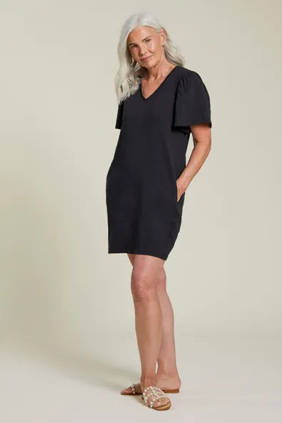 FLUTTER SLEEVE V-NECK DRESS