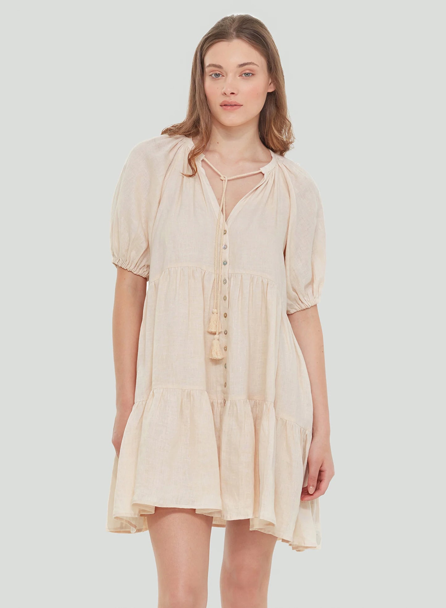 BUTTON FRONT TIERED MINI DRESS